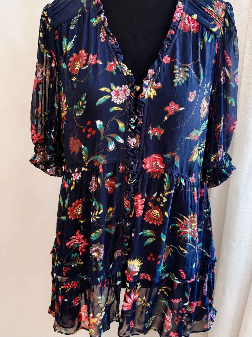 Anthropologie Floral Ruffled Tiered Blouse Tunic Top, Cottagecore, Size Med